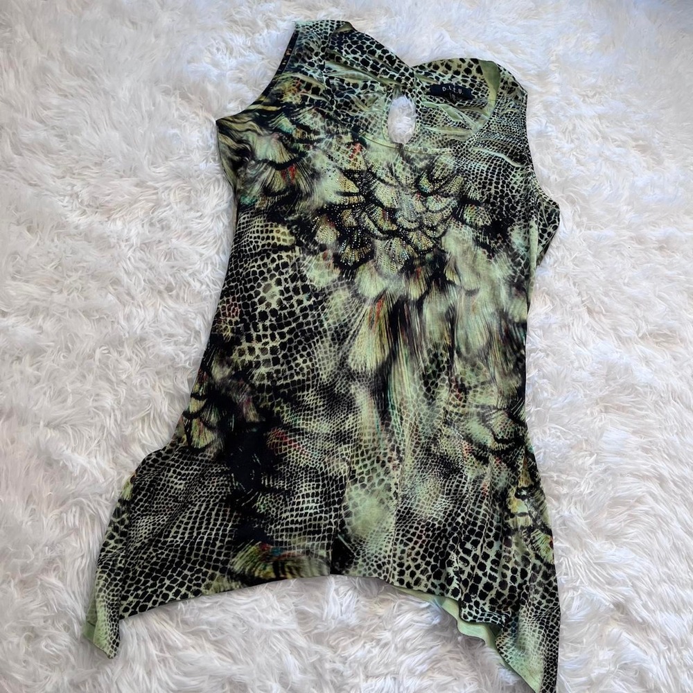 Y2K Green Animal & Floral Print Baby Doll Rhinestone Asymetrical Hem Top Medium - Picture 2 of 8